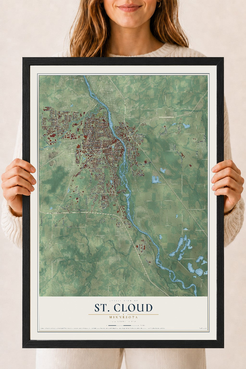 Map of St. Cloud, Minnesota, 18 x 24 inch print in a black wood frame