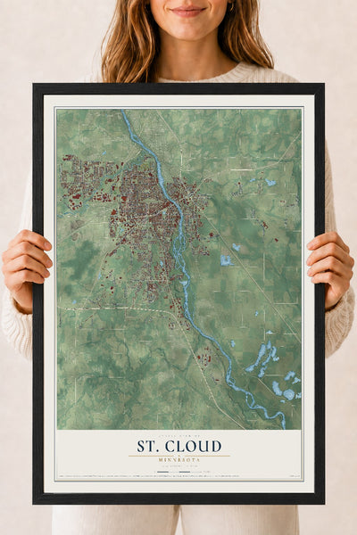 Map of St. Cloud, Minnesota, 18 x 24 inch print in a black wood frame