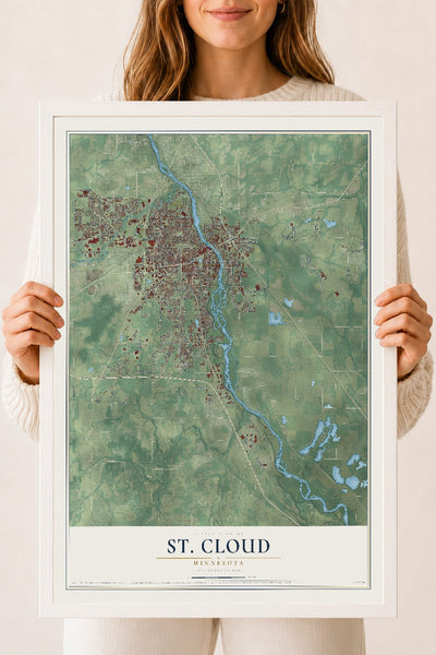 Map of St. Cloud, Minnesota, 18 x 24 inch print in a white wood frame