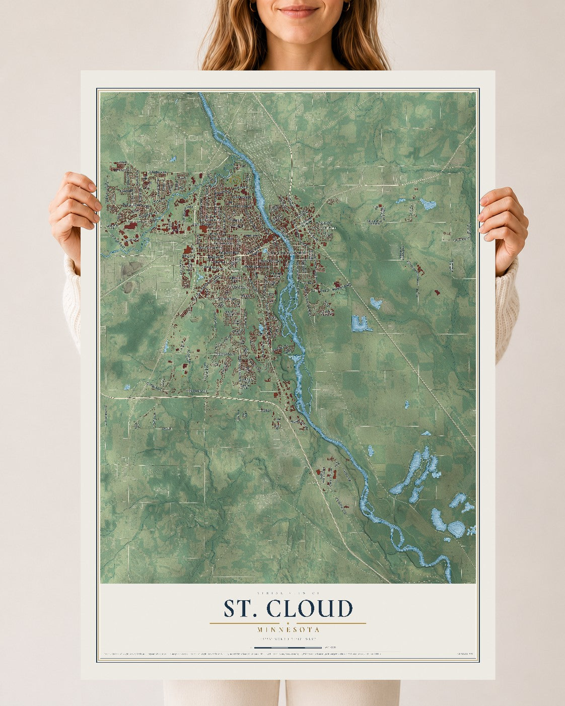 Map of St. Cloud, Minnesota, 24 x 36 inch unframed archival matte print