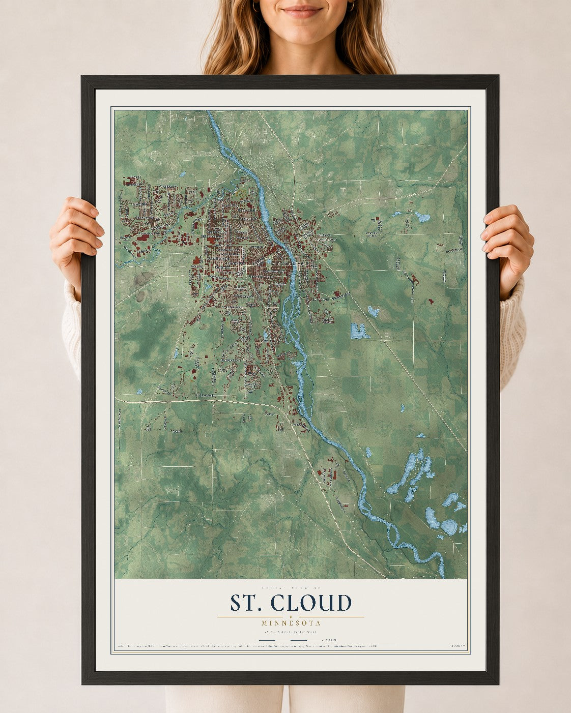 Map of St. Cloud, Minnesota, 24 x 36 inch print in a black wood frame