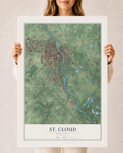 Map of St. Cloud, Minnesota, 24 x 36 inch print in a white wood frame