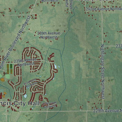 Second close-up of the map of St. Francis, Minnesota print showing more streets and buildings