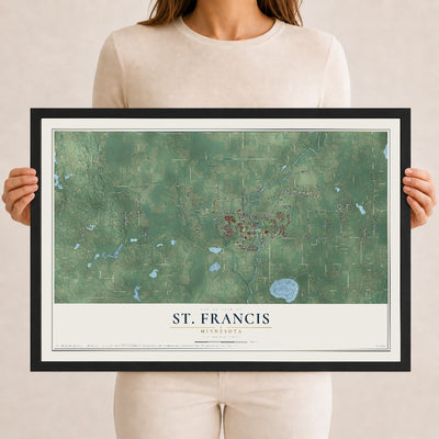 Map of St. Francis, Minnesota, 12 x 18 inch print in a black wood frame