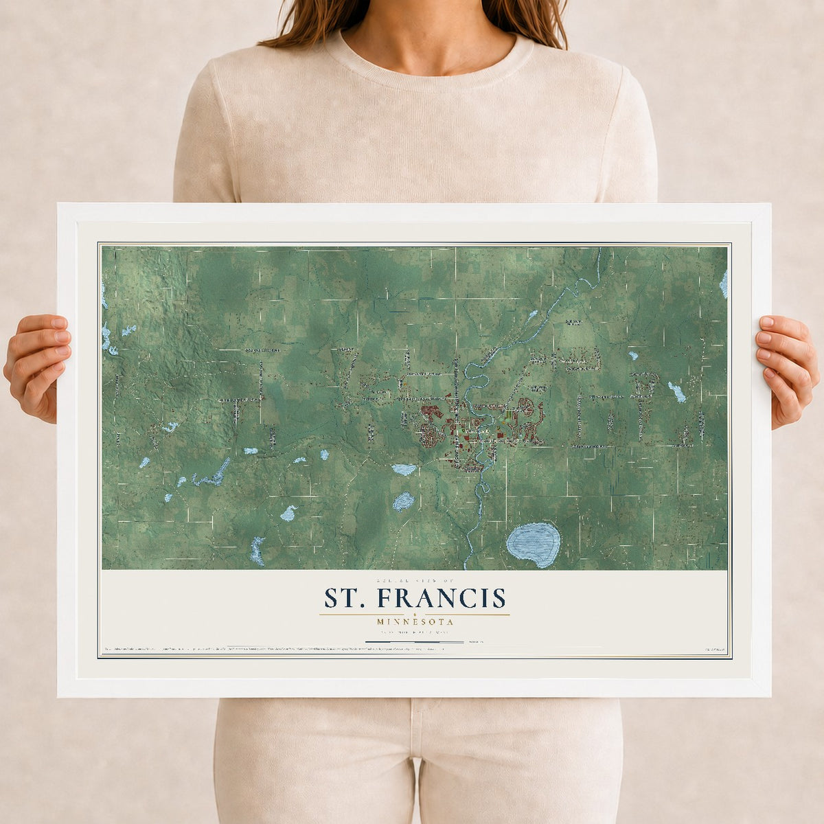 Map of St. Francis, Minnesota, 12 x 18 inch print in a white wood frame