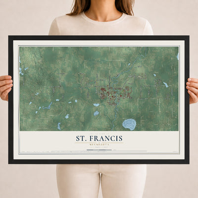 Map of St. Francis, Minnesota, 18 x 24 inch print in a black wood frame