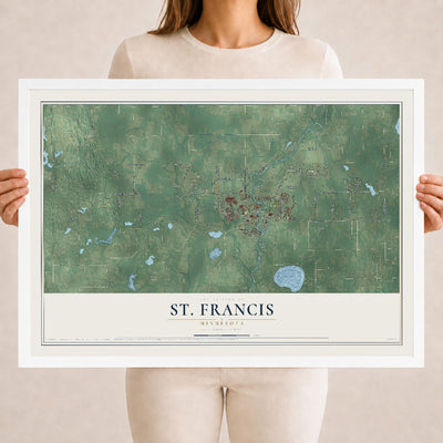Map of St. Francis, Minnesota, 18 x 24 inch print in a white wood frame