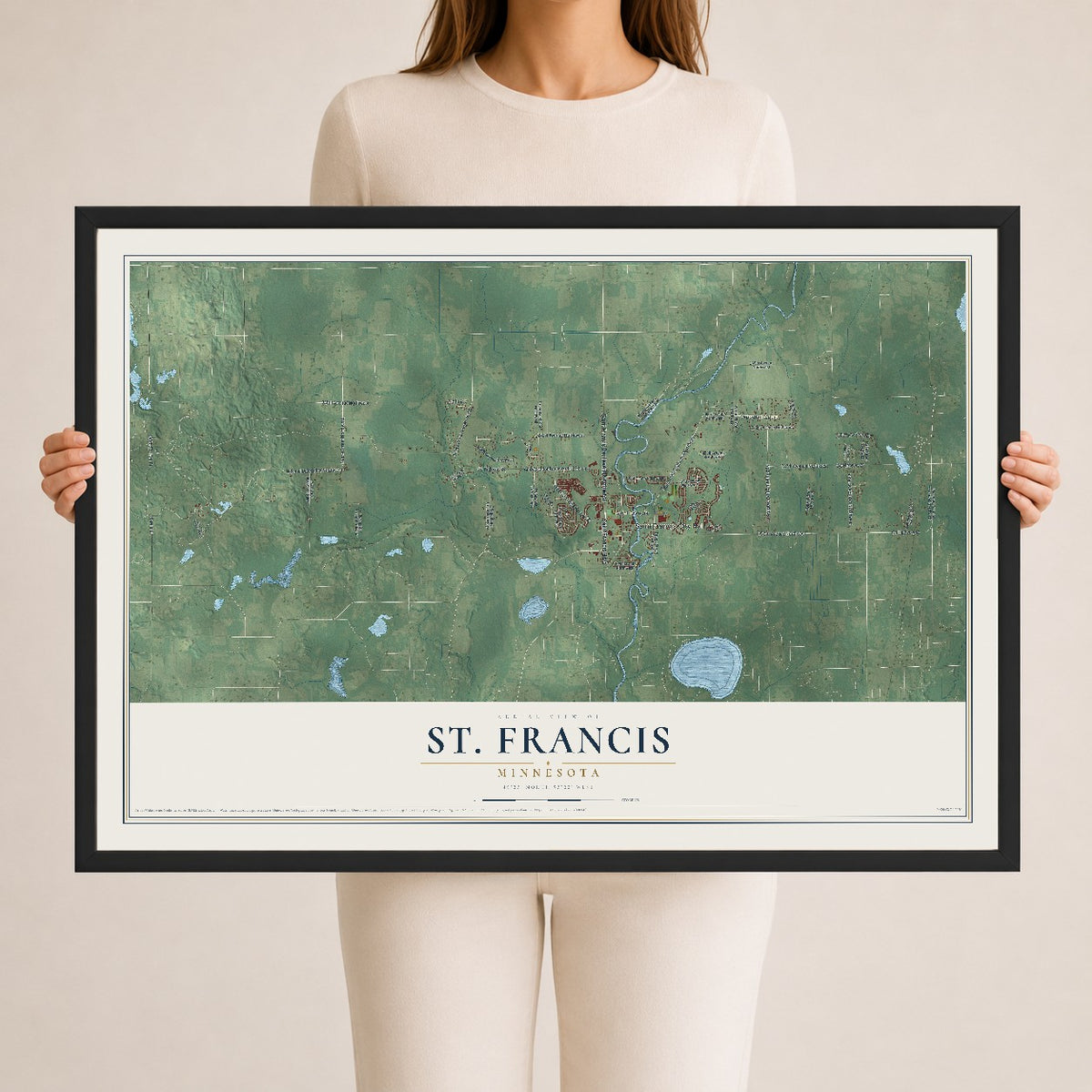 Map of St. Francis, Minnesota, 24 x 36 inch print in a black wood frame