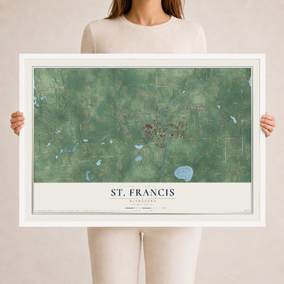 Map of St. Francis, Minnesota, 24 x 36 inch print in a white wood frame
