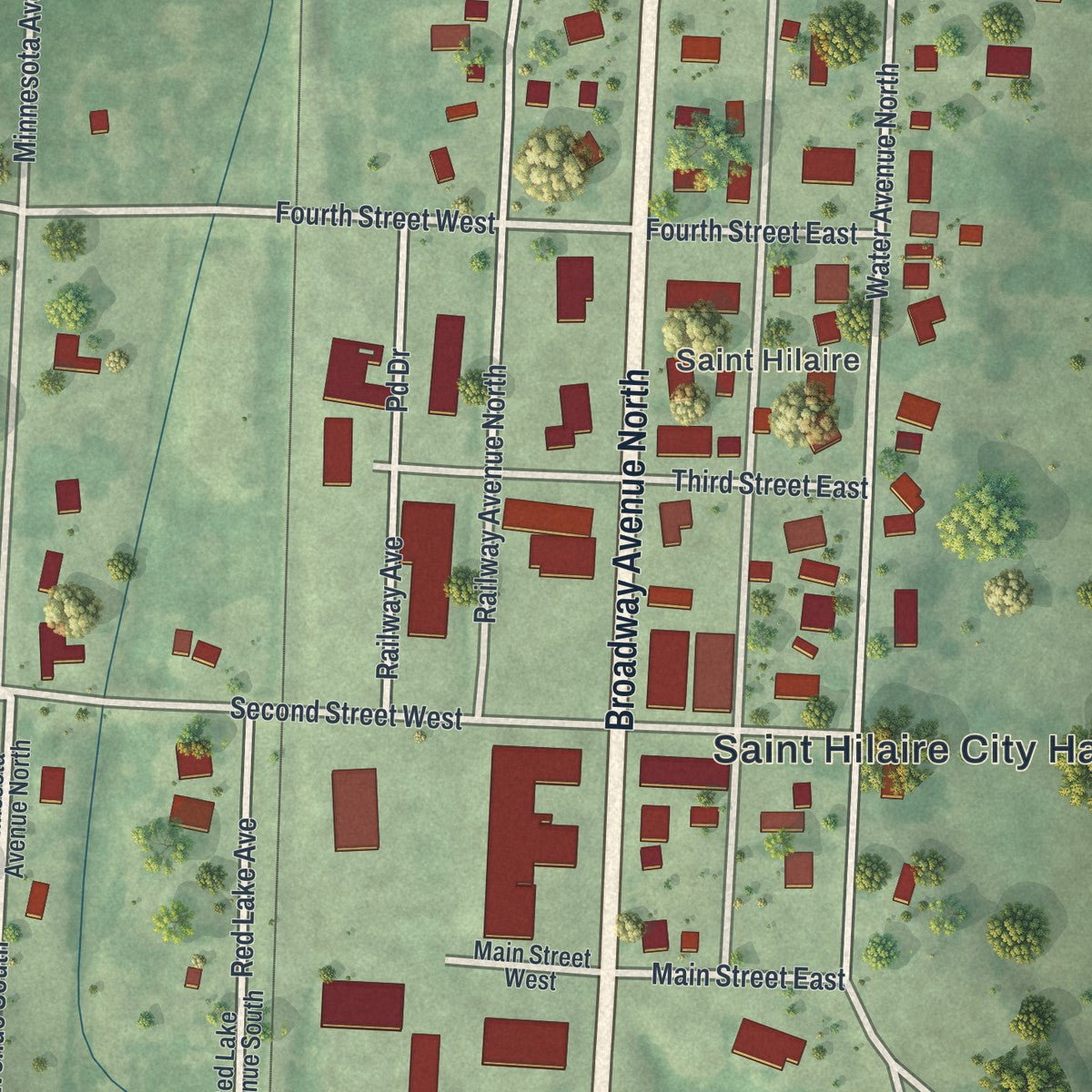 Close-up of the map of St. Hilaire, Minnesota print showing street and building detail