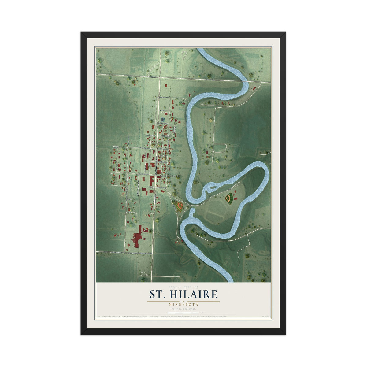 Map of St. Hilaire, Minnesota, 12 x 18 inch print in a black wood frame