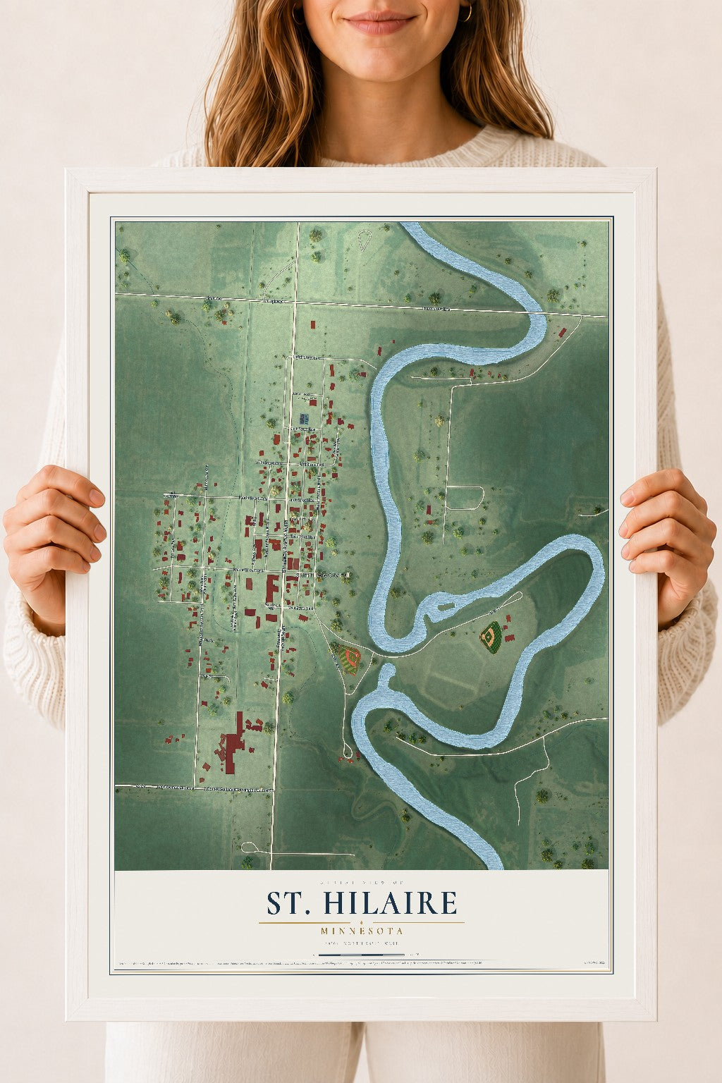 Map of St. Hilaire, Minnesota, 18 x 24 inch print in a white wood frame