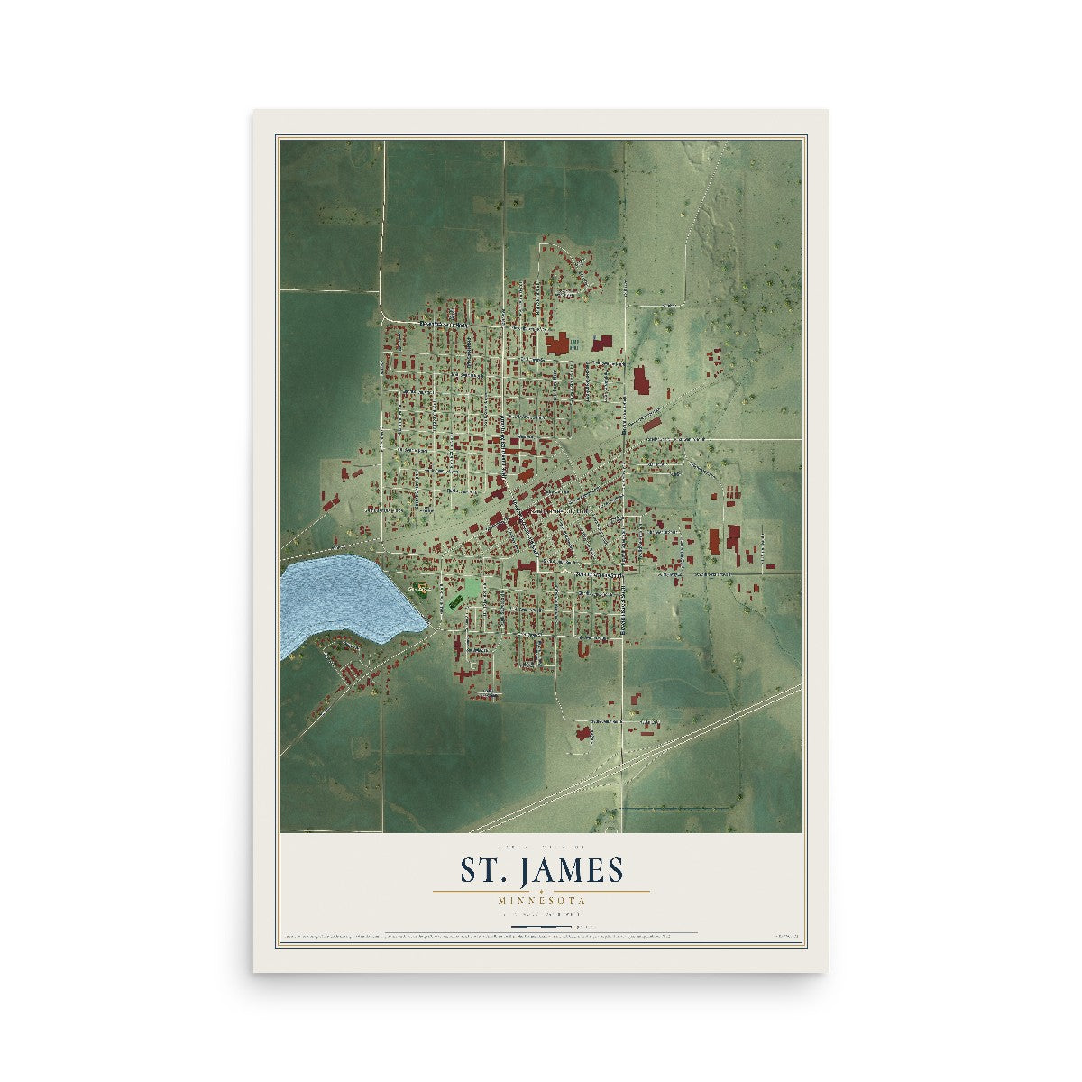 Map of St. James, Minnesota, 12 x 18 inch unframed archival matte print
