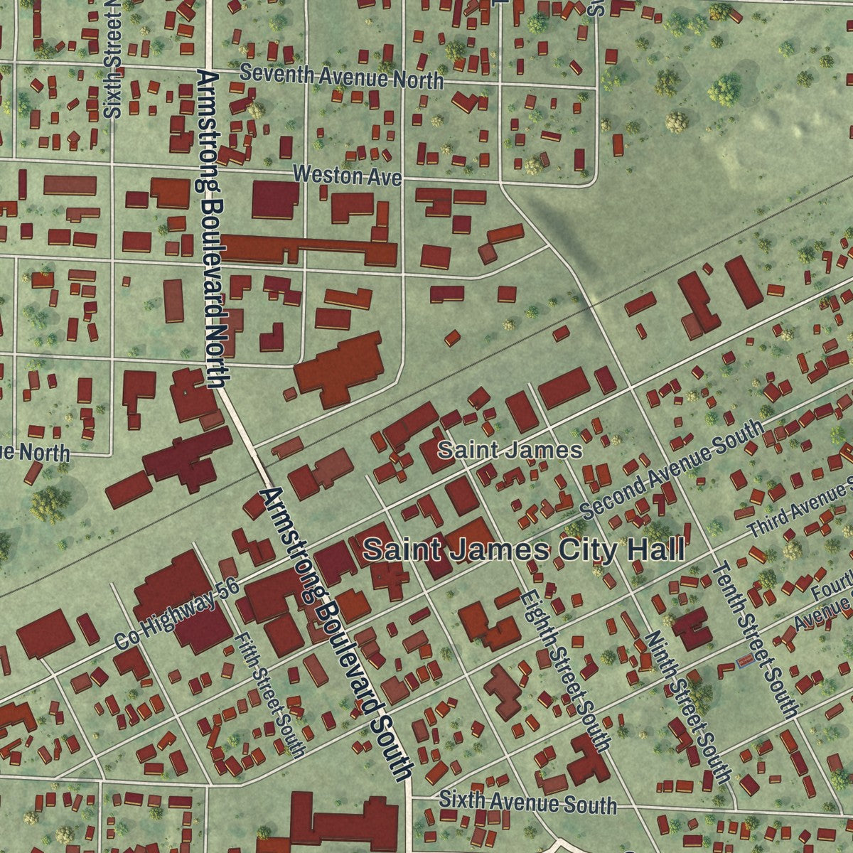Close-up of the map of St. James, Minnesota print showing street and building detail