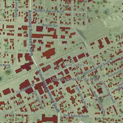 Close-up of the map of St. James, Minnesota print showing street and building detail