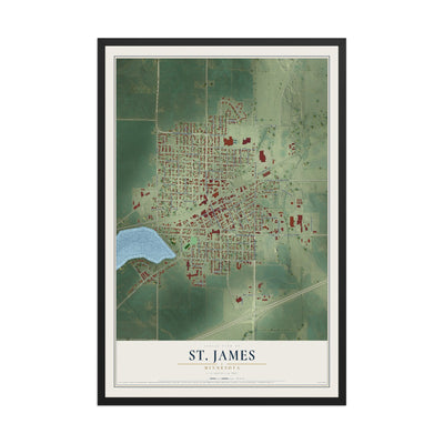 Map of St. James, Minnesota, 12 x 18 inch print in a black wood frame