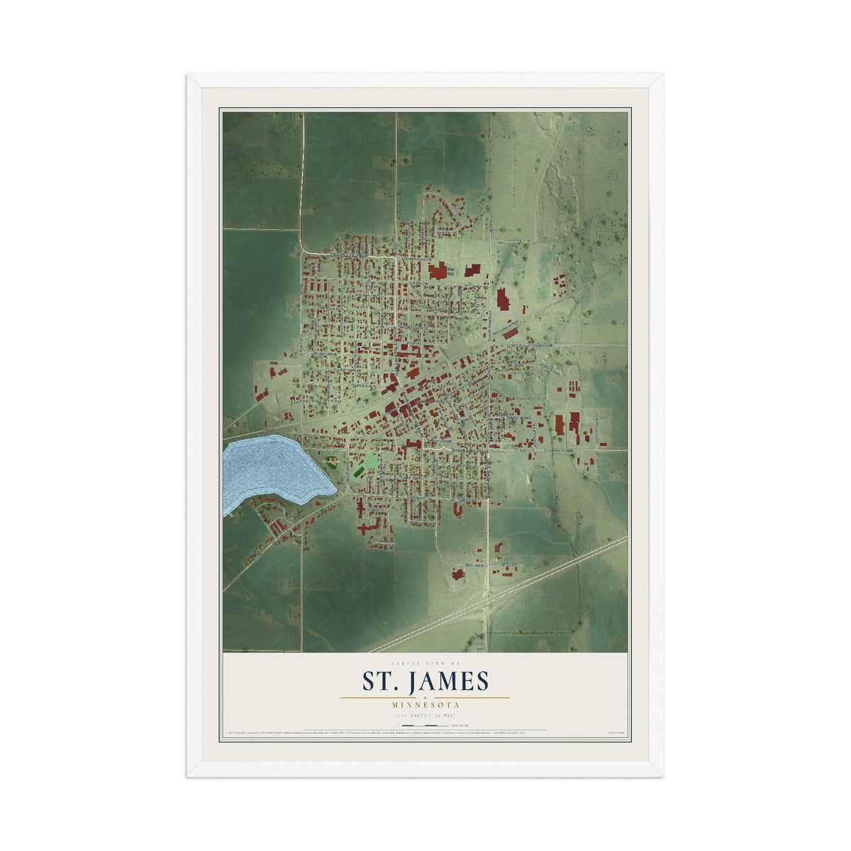 Map of St. James, Minnesota, 12 x 18 inch print in a white wood frame