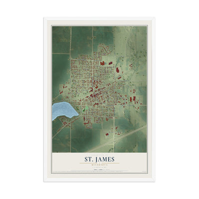 Map of St. James, Minnesota, 12 x 18 inch print in a white wood frame