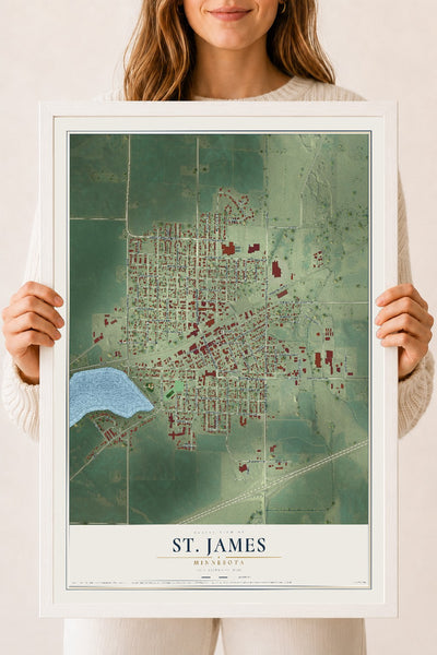 Map of St. James, Minnesota, 18 x 24 inch print in a white wood frame