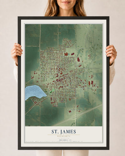 Map of St. James, Minnesota, 24 x 36 inch print in a black wood frame