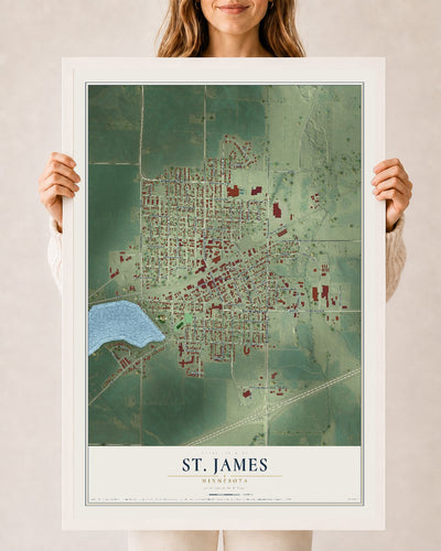 Map of St. James, Minnesota, 24 x 36 inch print in a white wood frame