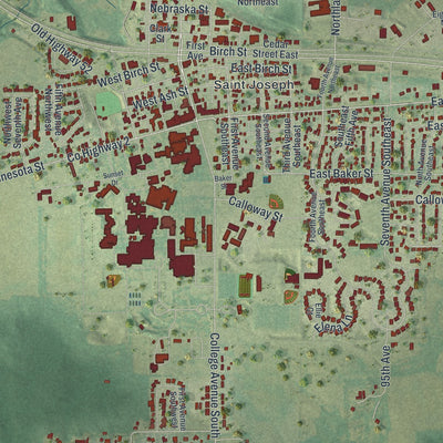 Close-up of the map of St. Joseph, Minnesota print showing street and building detail