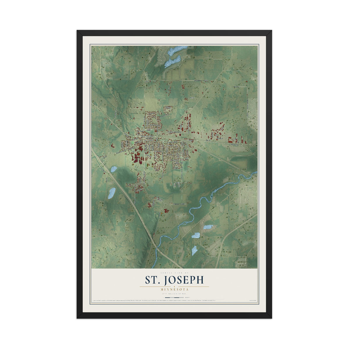Map of St. Joseph, Minnesota, 12 x 18 inch print in a black wood frame