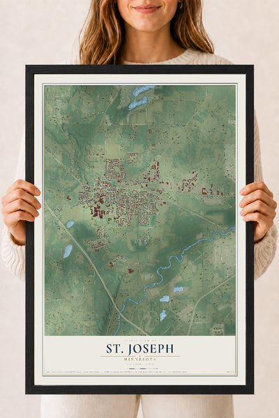 Map of St. Joseph, Minnesota, 18 x 24 inch print in a black wood frame