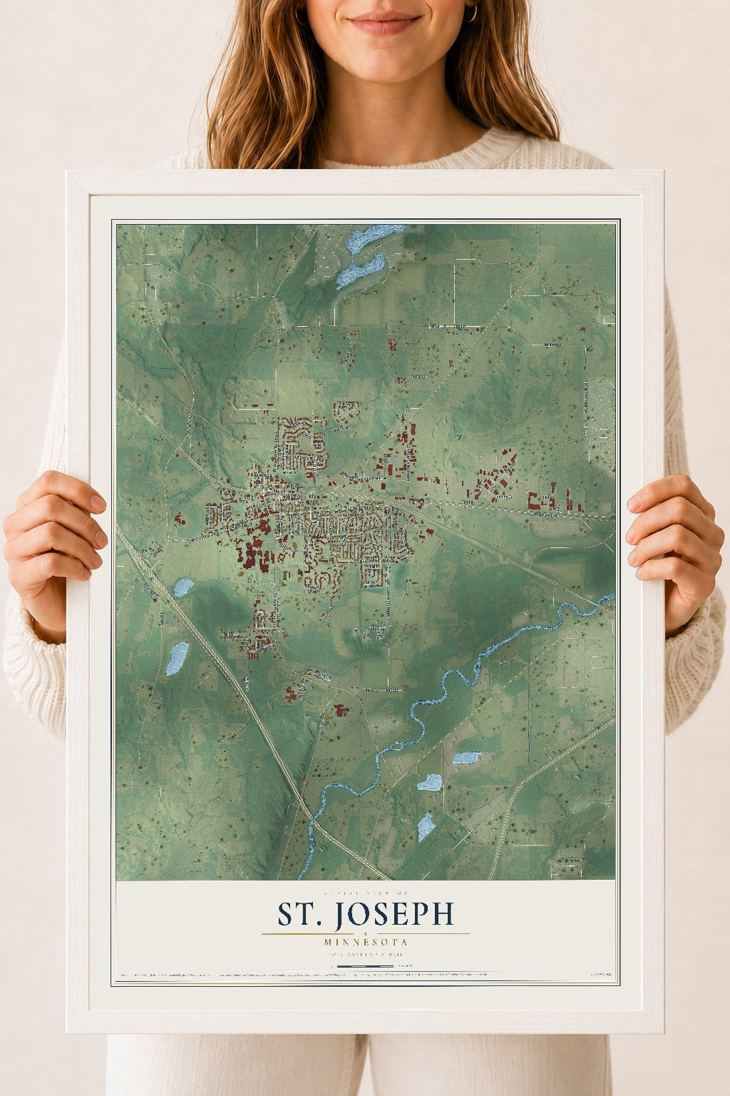 Map of St. Joseph, Minnesota, 18 x 24 inch print in a white wood frame