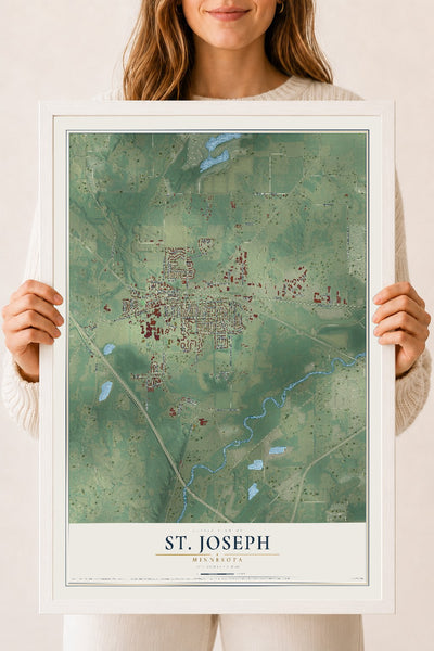 Map of St. Joseph, Minnesota, 18 x 24 inch print in a white wood frame