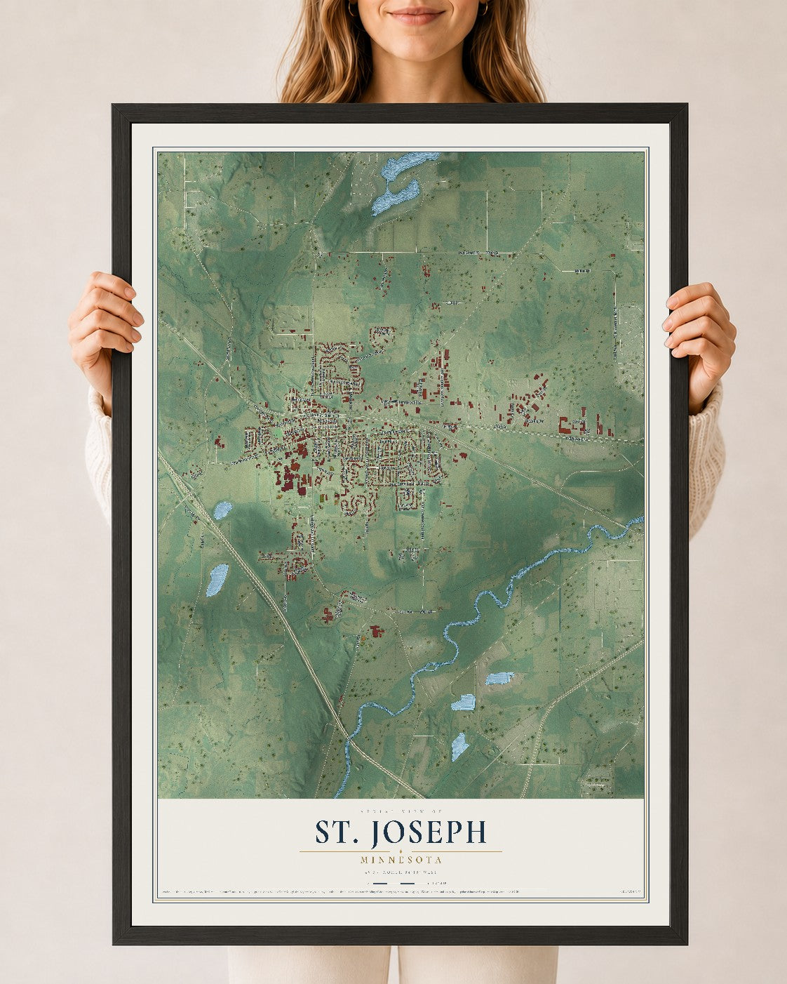 Map of St. Joseph, Minnesota, 24 x 36 inch print in a black wood frame