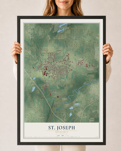 Map of St. Joseph, Minnesota, 24 x 36 inch print in a black wood frame