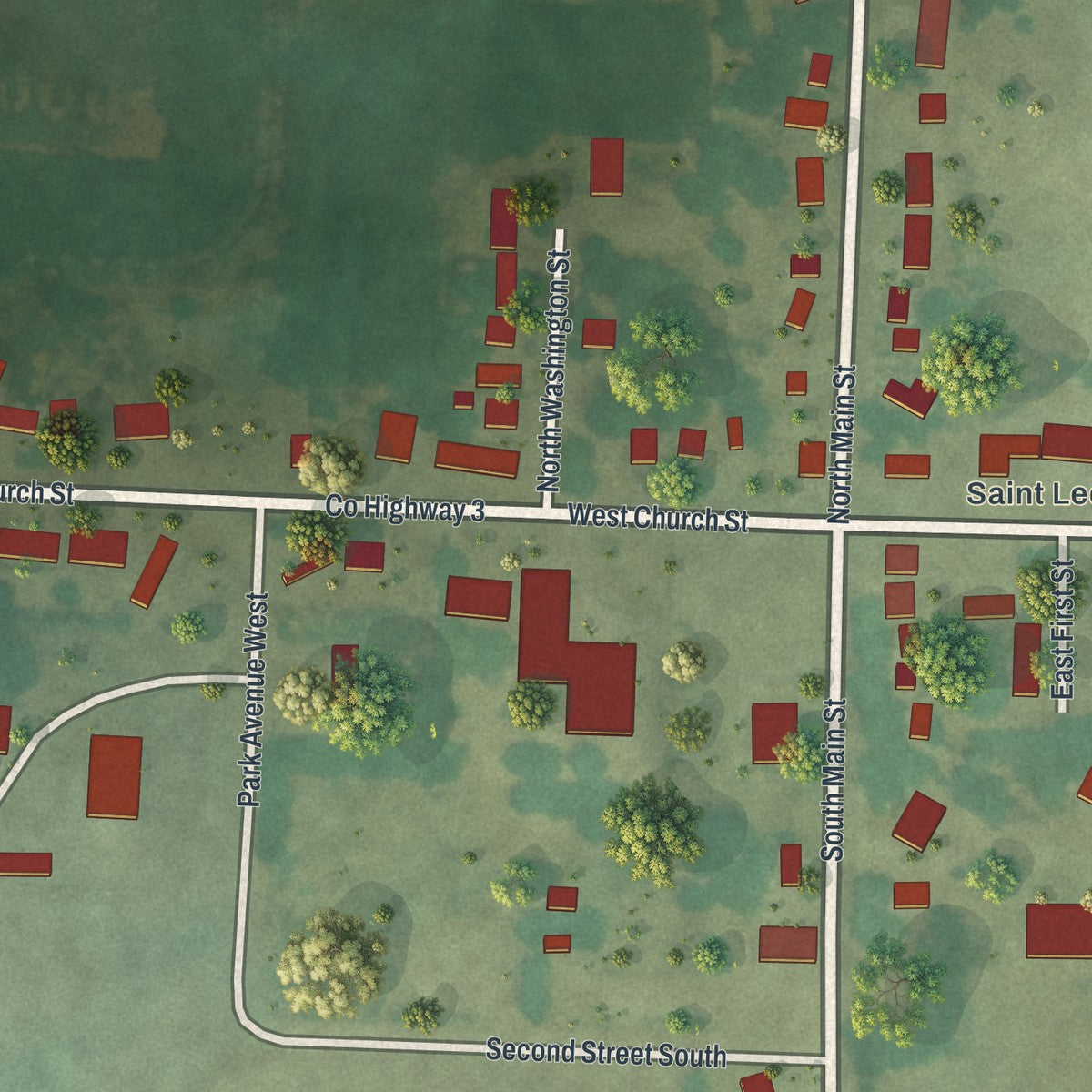 Close-up of the map of St. Leo, Minnesota print showing street and building detail