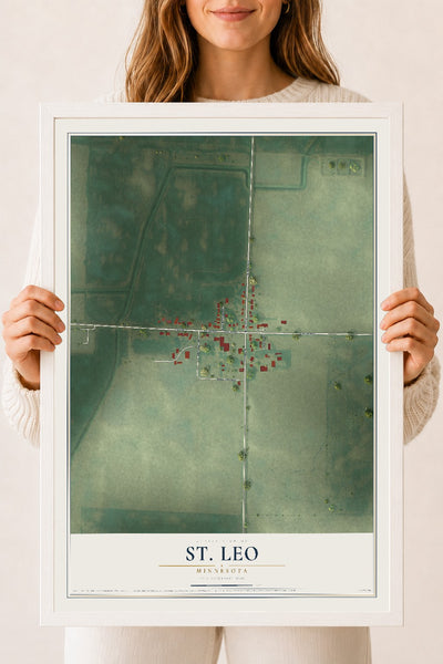 Map of St. Leo, Minnesota, 18 x 24 inch print in a white wood frame