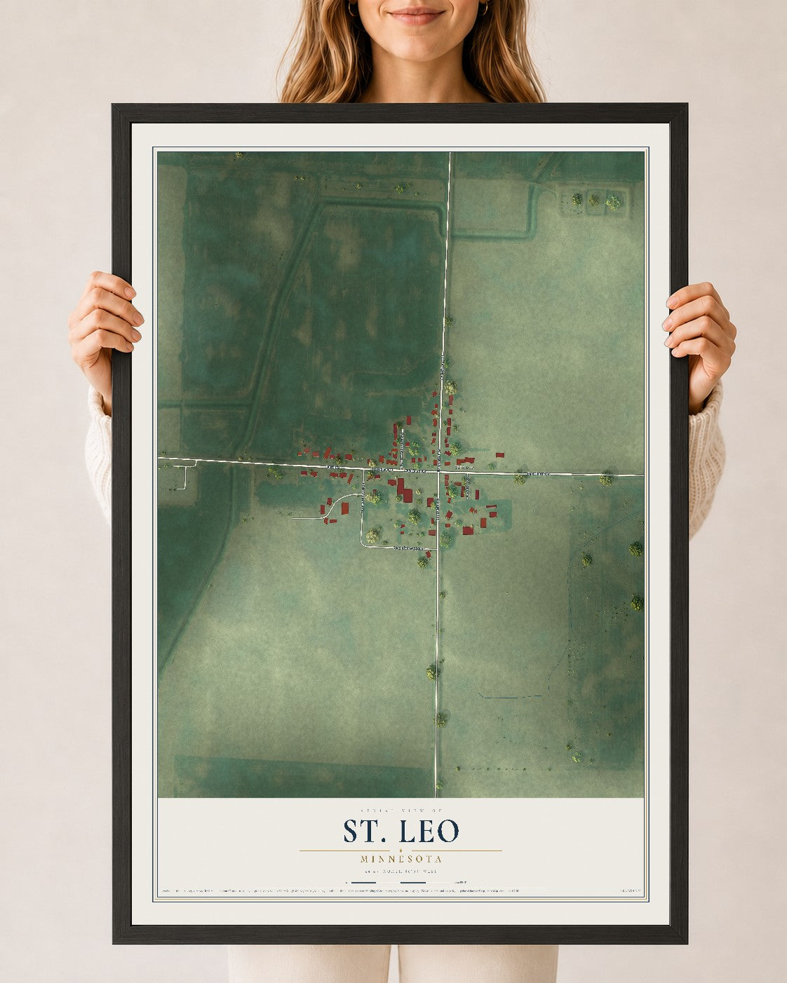 Map of St. Leo, Minnesota, 24 x 36 inch print in a black wood frame