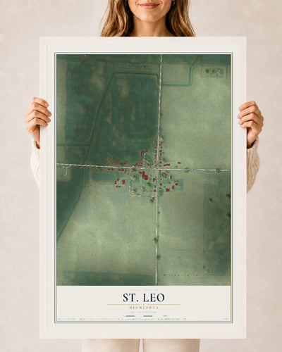 Map of St. Leo, Minnesota, 24 x 36 inch print in a white wood frame