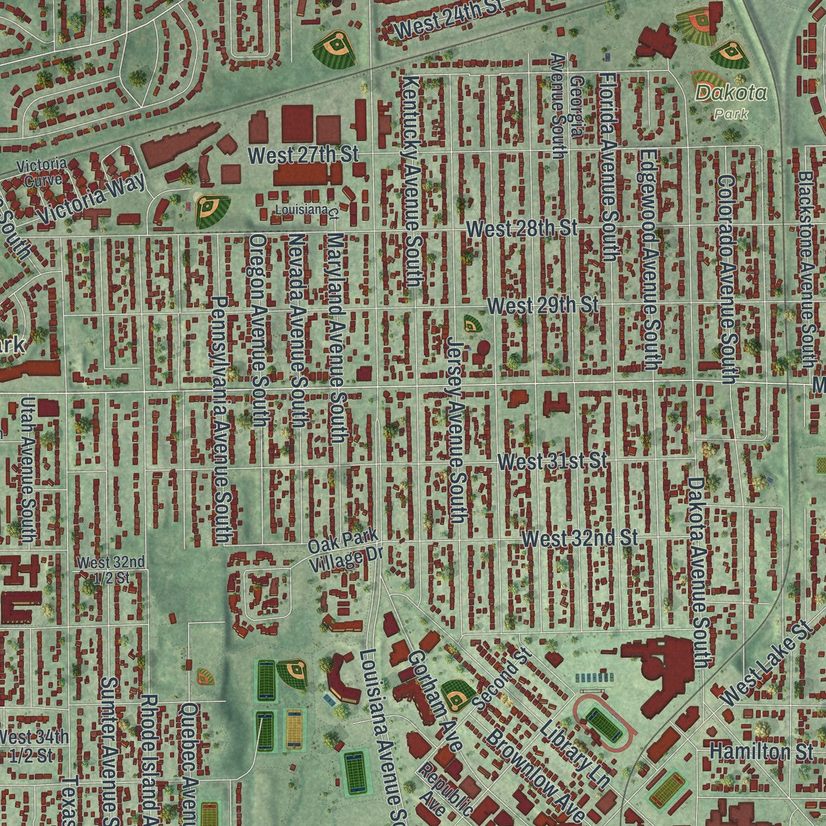 Close-up of the map of St. Louis Park, Minnesota print showing street and building detail