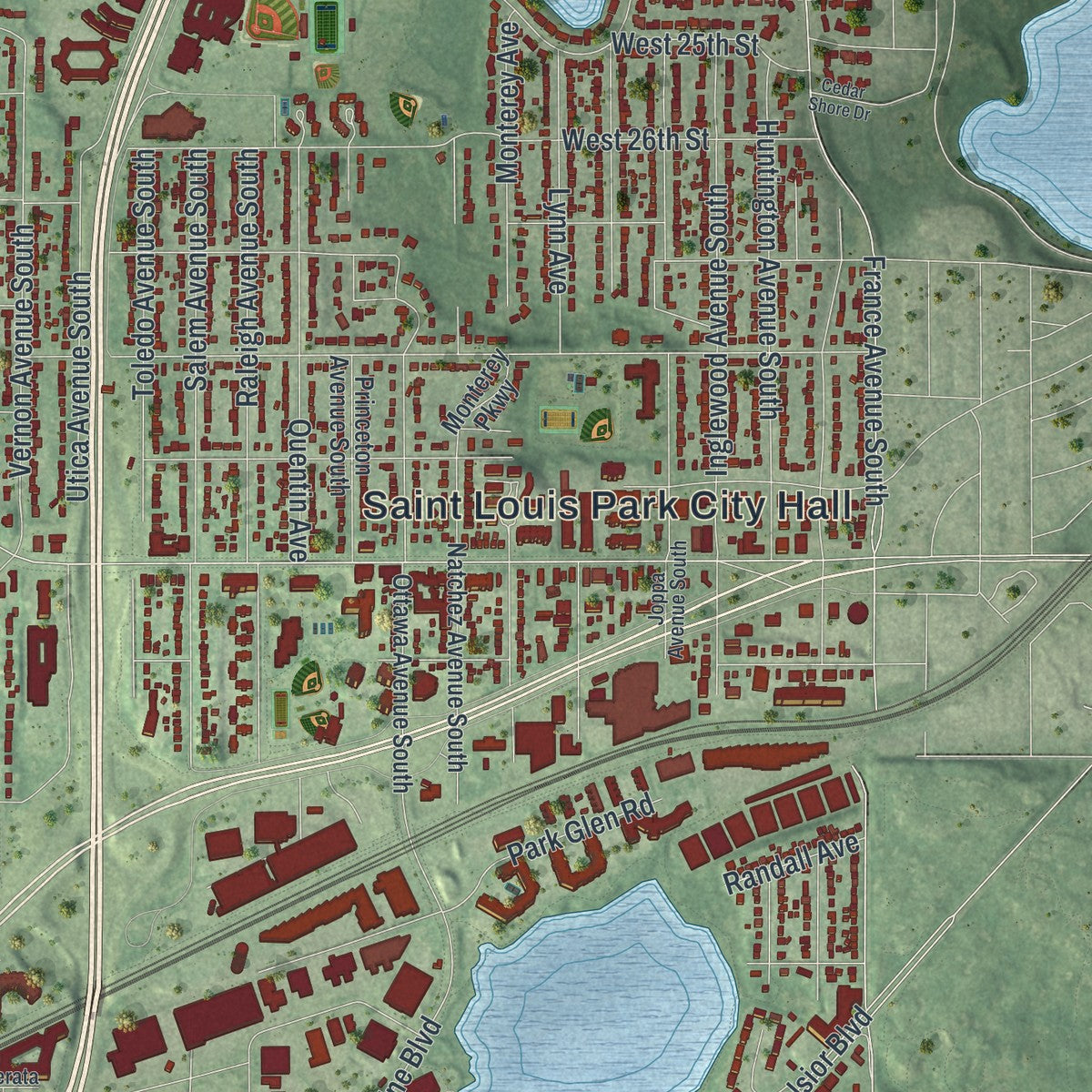 Second close-up of the map of St. Louis Park, Minnesota print showing more streets and buildings