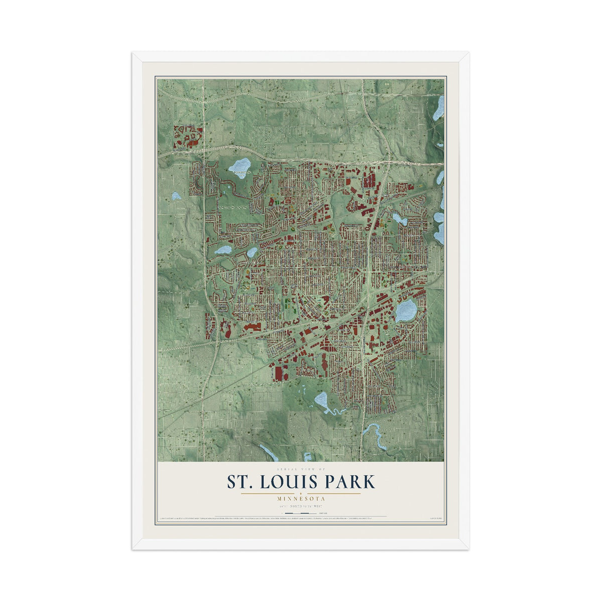 Map of St. Louis Park, Minnesota, 12 x 18 inch print in a white wood frame