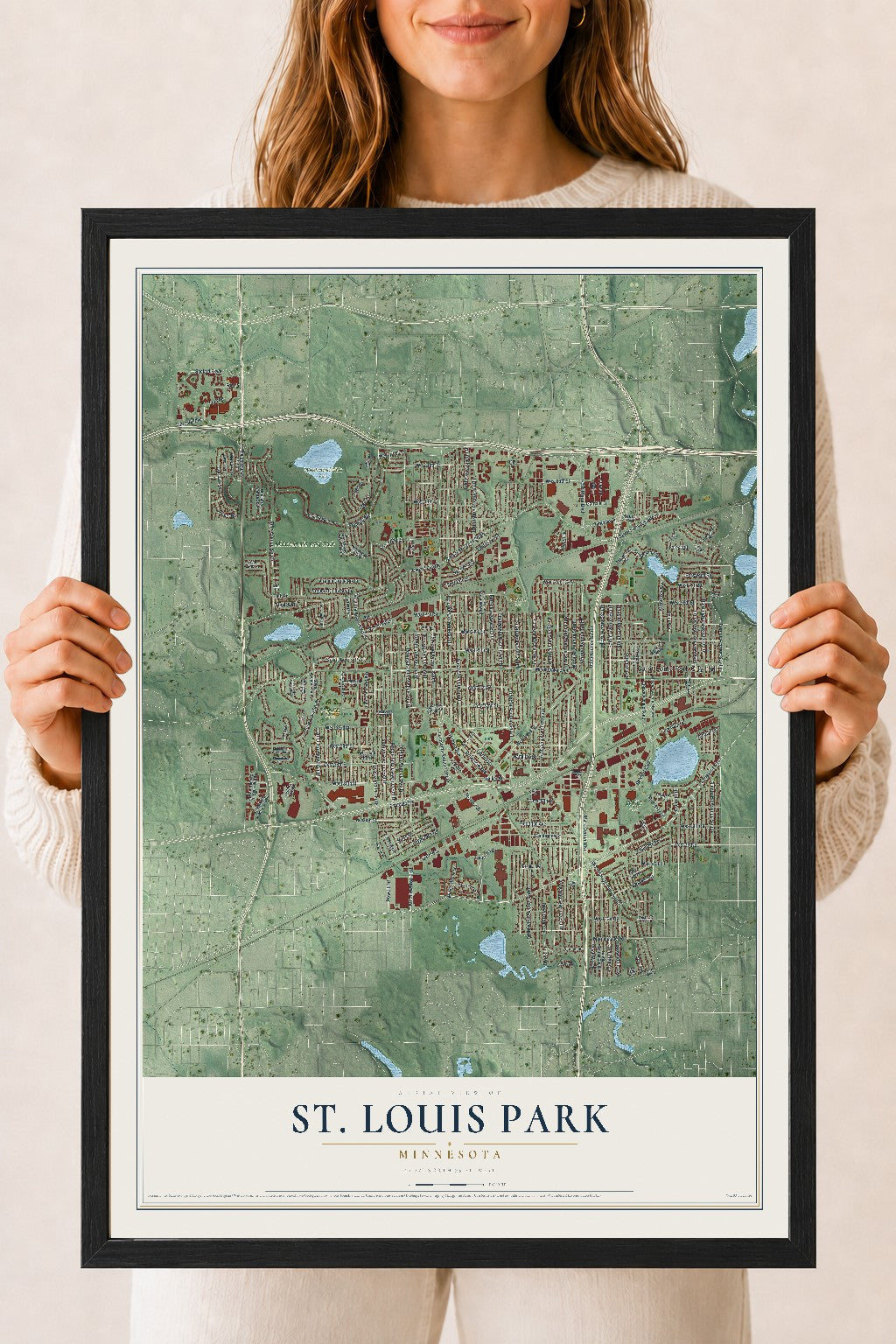 Map of St. Louis Park, Minnesota, 18 x 24 inch print in a black wood frame