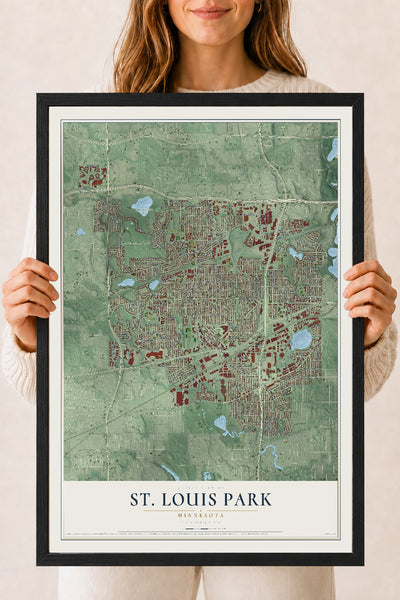 Map of St. Louis Park, Minnesota, 18 x 24 inch print in a black wood frame