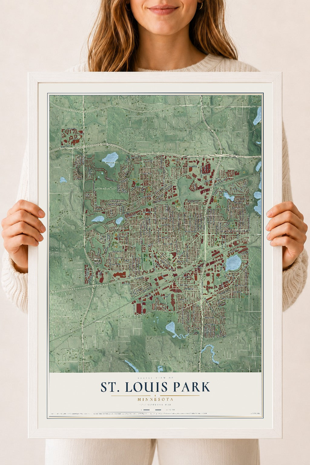 Map of St. Louis Park, Minnesota, 18 x 24 inch print in a white wood frame