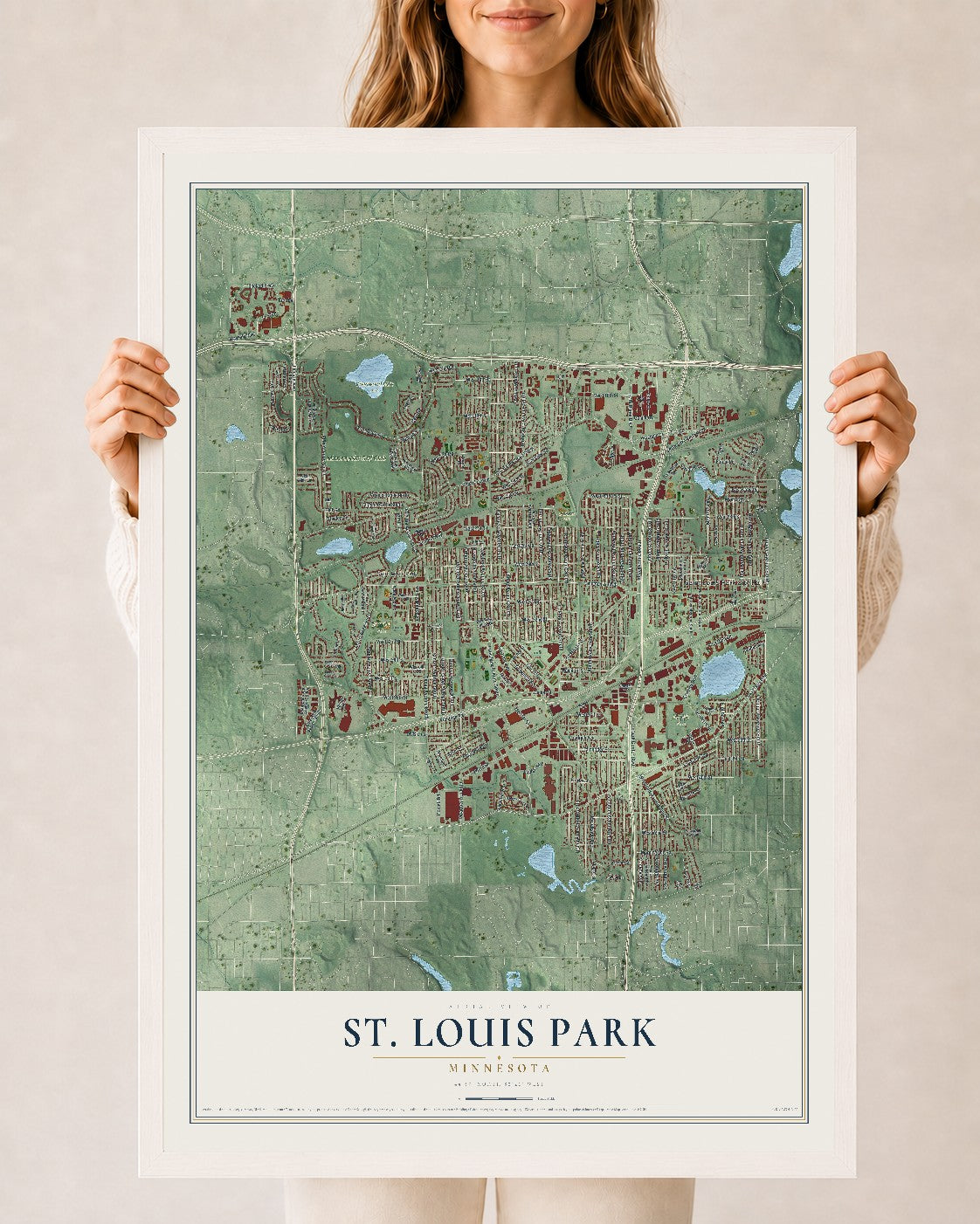 Map of St. Louis Park, Minnesota, 24 x 36 inch print in a white wood frame