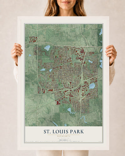Map of St. Louis Park, Minnesota, 24 x 36 inch print in a white wood frame