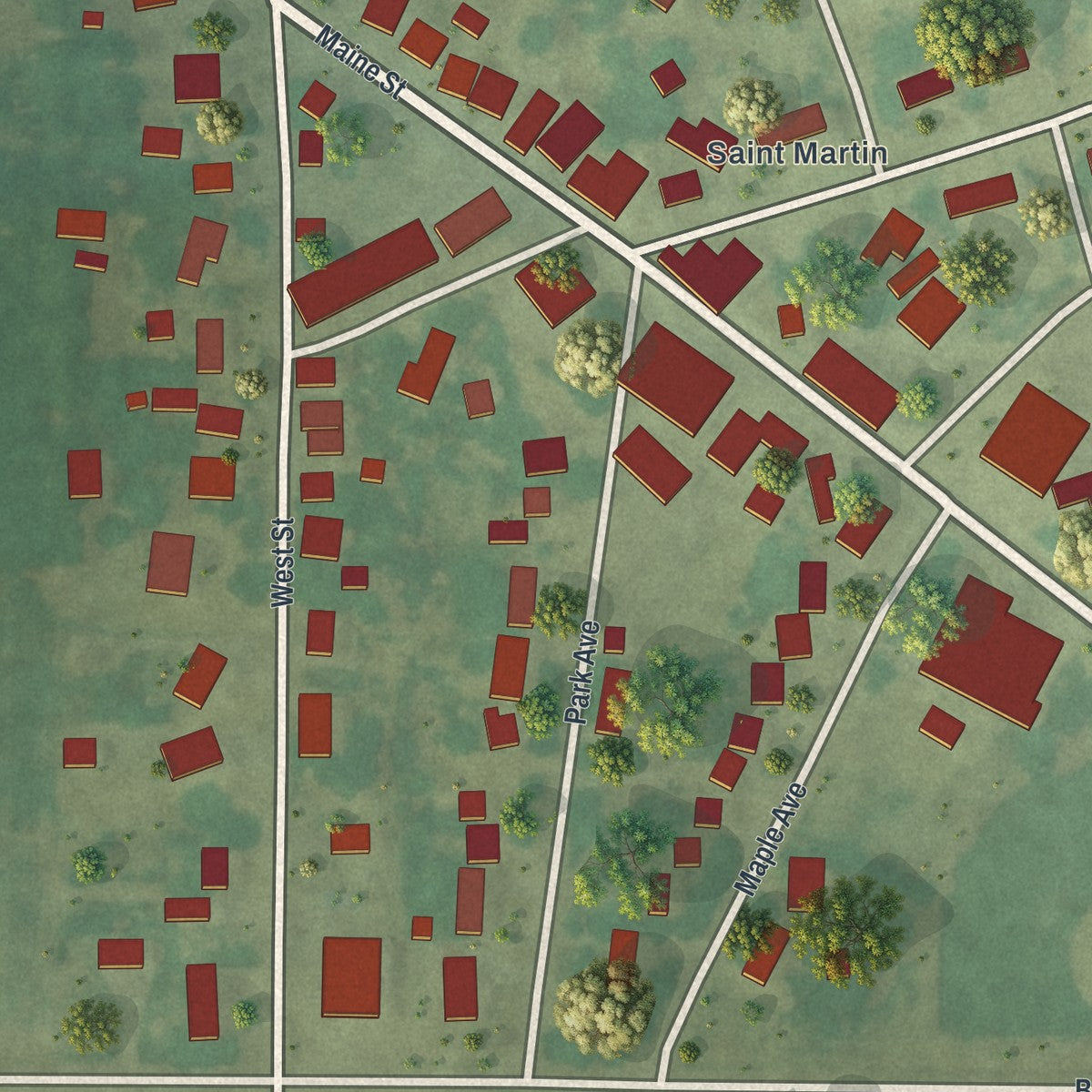 Close-up of the map of St. Martin, Minnesota print showing street and building detail