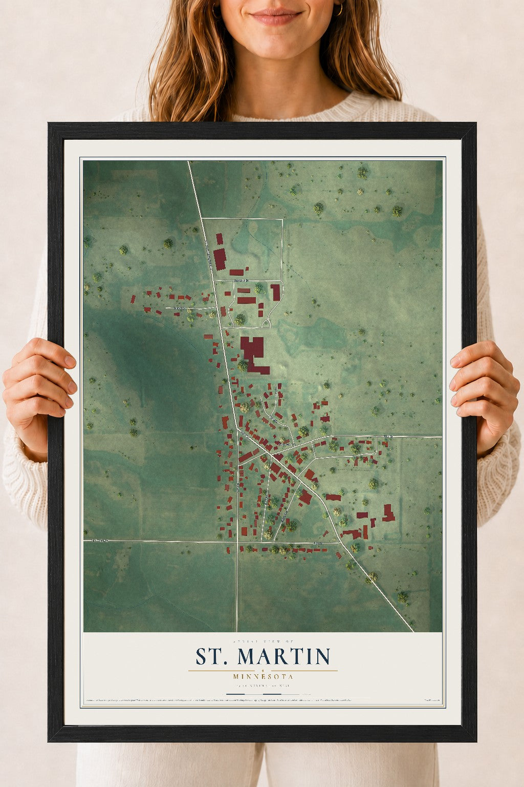 Map of St. Martin, Minnesota, 18 x 24 inch print in a black wood frame