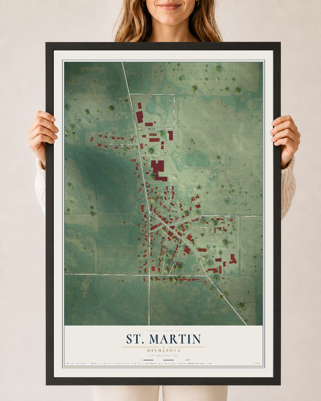 Map of St. Martin, Minnesota, 24 x 36 inch print in a black wood frame