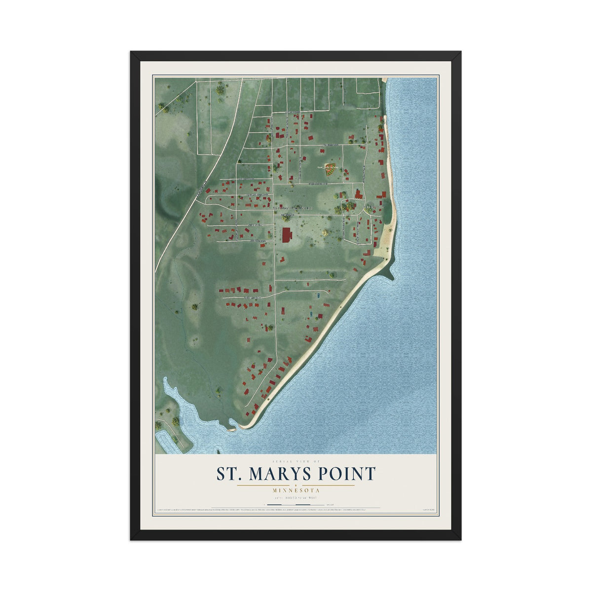Map of St. Marys Point, Minnesota, 12 x 18 inch print in a black wood frame