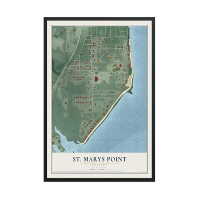 Map of St. Marys Point, Minnesota, 12 x 18 inch print in a black wood frame