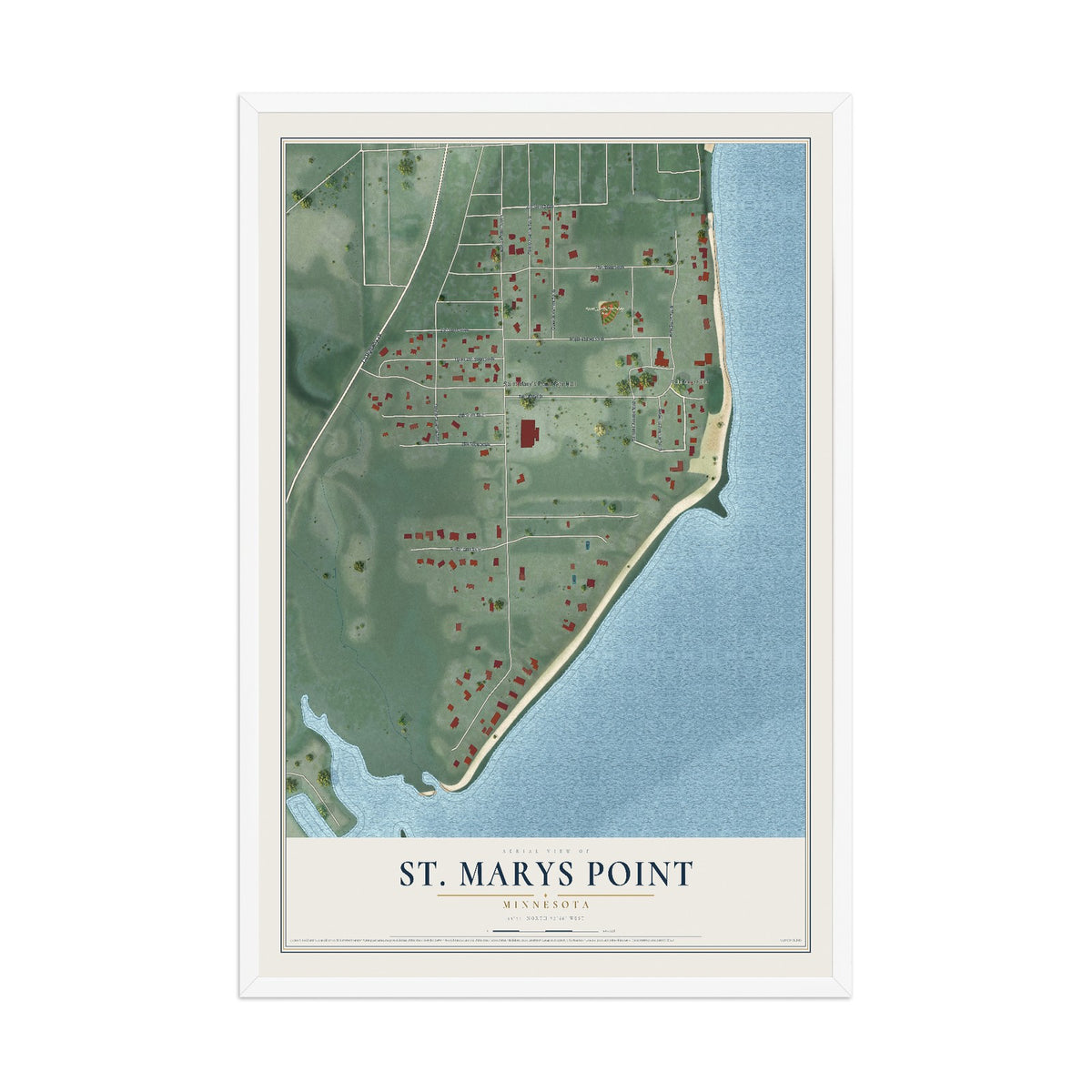 Map of St. Marys Point, Minnesota, 12 x 18 inch print in a white wood frame